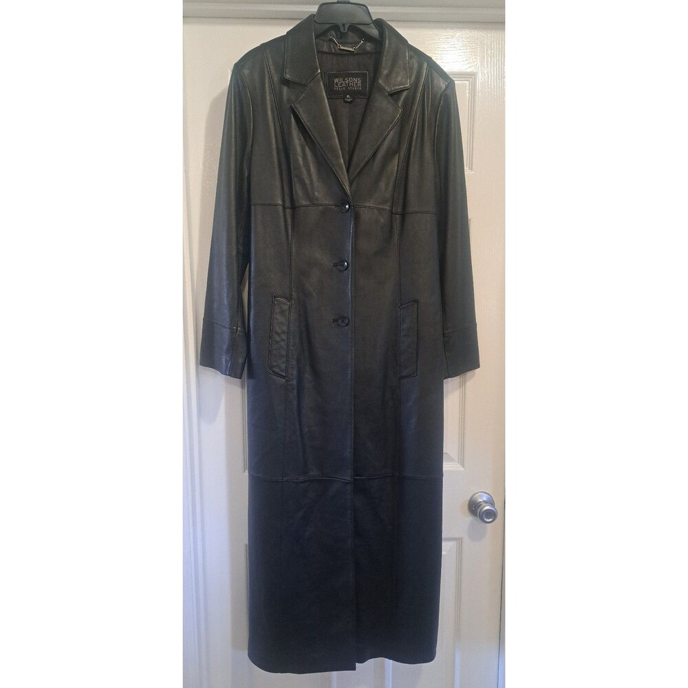 Vintage Wilsons Leather Pelle Studio Black Maxi Trench Coat Women's XL Long